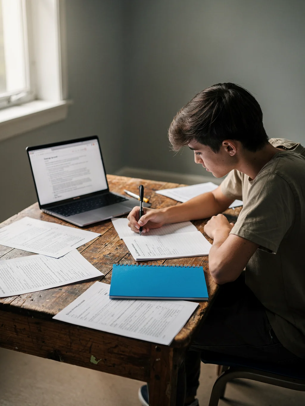 Student preparing for board exams with past papers